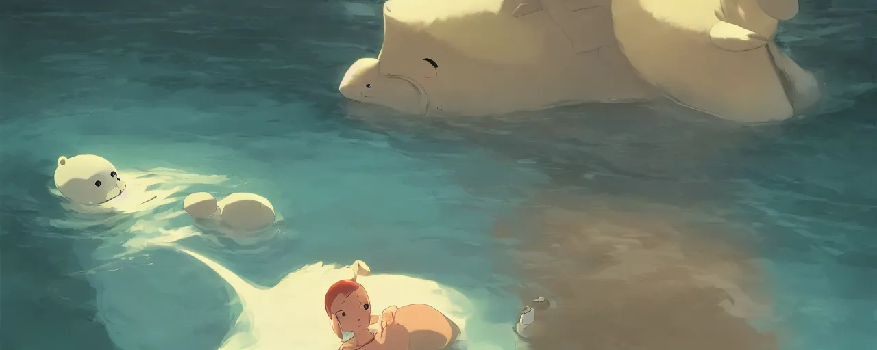 Image similar to a baby harp seal swimming in a tropical river, atey ghailan, goro fujita, studio ghibli, rim light, dark lighting, clear focus, very coherent