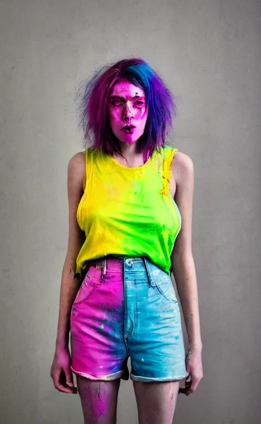 Image similar to grungy woman, rainbow hair, soft eyes and narrow chin, dainty figure, wet t-shirt, torn overalls, skimpy shorts, covered in neon paint, luminescent, dark, dramatic, cinematic, Sony a7R IV, symmetric balance, polarizing filter, Photolab, Lightroom, 4K, Dolby Vision, Photography Award