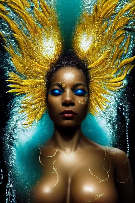 Image similar to hyperrealistic magic realism cinematic very beautiful! black oshun goddess with white! iris, in water, yoruba body paint, mirror dripping droplet!, gold flowers, highly detailed face, digital art masterpiece, smooth robert steven connett eric zener dramatic teal light, ground angle uhd 8 k, sharp focus