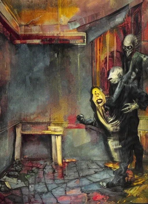 Prompt: two dark figures laughing inside a decayed Romanian motel room, Neo-Gothic, gothic, rich deep colors. intricate artwork in the style of Francis bacon, part by Gerhard Richter, part Edward Hopper and part Petra cortright, highly detailed, very coherent, horror, rich colours