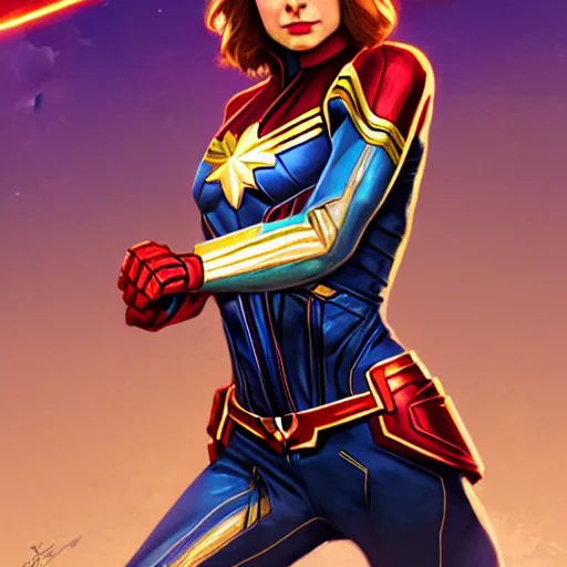 Image similar to Alison Brie as Captain Marvel, western, D&D, fantasy, intricate, elegant, highly detailed, digital painting, artstation, concept art, matte, sharp focus, illustration, art by Artgerm and Greg Rutkowski and Alphonse Mucha