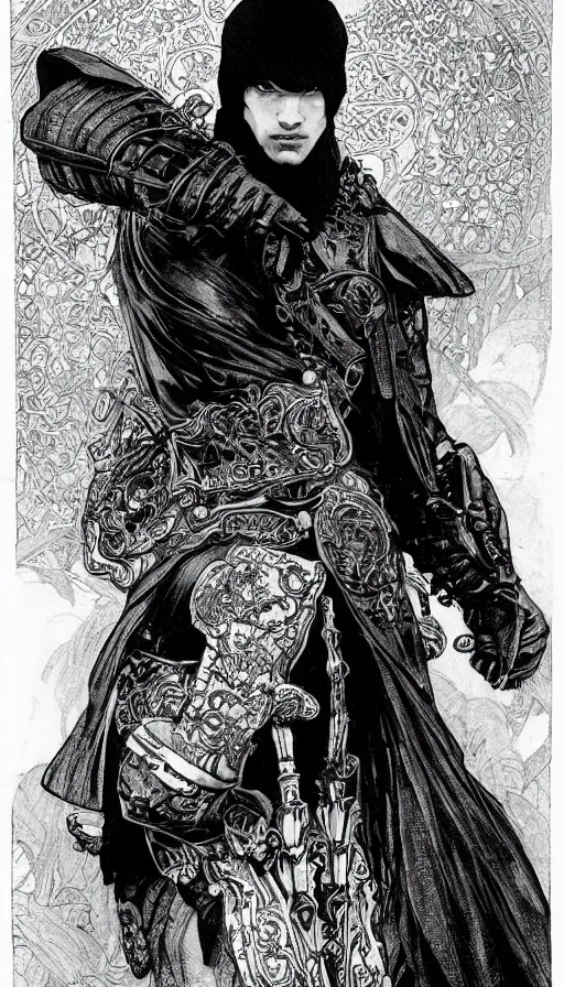 Image similar to a black and white ink fine ink drawing of a thief, from of thrones, in leather armor, fibonacci, sweat drops, intricate fashion clothing, concept art, smooth, sharp focus, portrait, illustration, art by alphonse mucha and travis charest