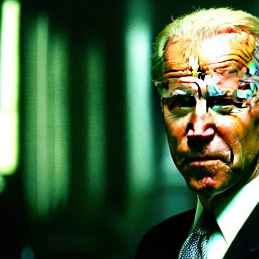 Prompt: Joe Biden as Agent Smith in The Matrix 1999, film still, cinematic lighting, promotional image, teaser exclusive on set photograph, sharp focus