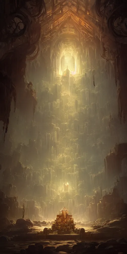 Prompt: Detailed Interior of the Drowned temple, shattering walls, creeping gloom, light shafts, the glowing throne, stunning atmosphere, in Style of Peter Mohrbacher, cinematic lighting
