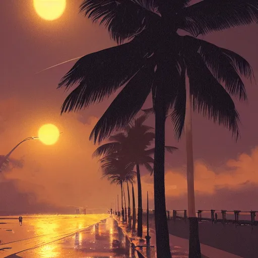 Prompt: dimly lit wavy road at night after rain that leads to a small cozy beach surrounded by palm trees, shot from sky, desaturated, photorealistic, beautiful, sharp, highly detailed, artstation, pixvy, syd mead, scott robertson