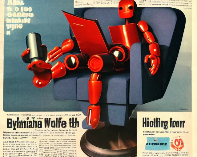 Image similar to Against a white cyc (white cyclorama backdrop) futuristic studious matte brown and red and chrome full-body humanoid robot with two huge round expressive sad purple glowing LED eyes and open rectangular mouth sitting on a large comfortable cushioned 1950s vintage recliner reading a newspaper. open newspaper. full shot Cinematic Movie Photograph, Arri Alexa, Extremely Detailed, smooth, very very clean, white cyc, white background, 8K, octane render, maya render, unreal engine, trending on artstation, DSLR, excellent composition, center frame