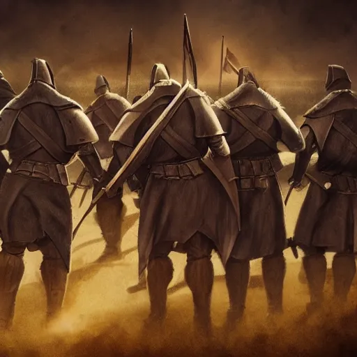 Image similar to realistic, 5 medieval soldiers, in line, pikes, hellbards, banner, flag, mist, picture from behind, epic, digital art, illustration, fantasy, realistic sketch, dark