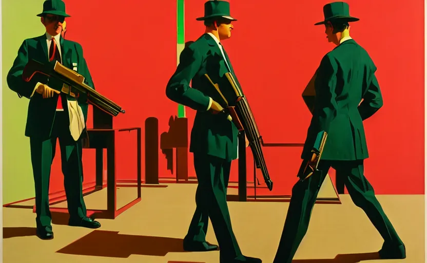 Image similar to by syd mead, pedestal with exhibit ak 4 7 and men's in suit's around, soft light, red + green colours, golden facture, high quality details, perspective, denoise deep depth of field
