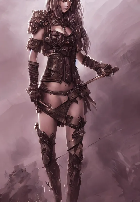 Prompt: mad warrior seductive girl concept art, character in the middle, short dress, detailed eyes, symmetrical, rule of three, detailed body, full body, detailed face, ultradetailed digital illustration, 8 k, epic atmosphere, digital art by simon cowell and rachel walpole