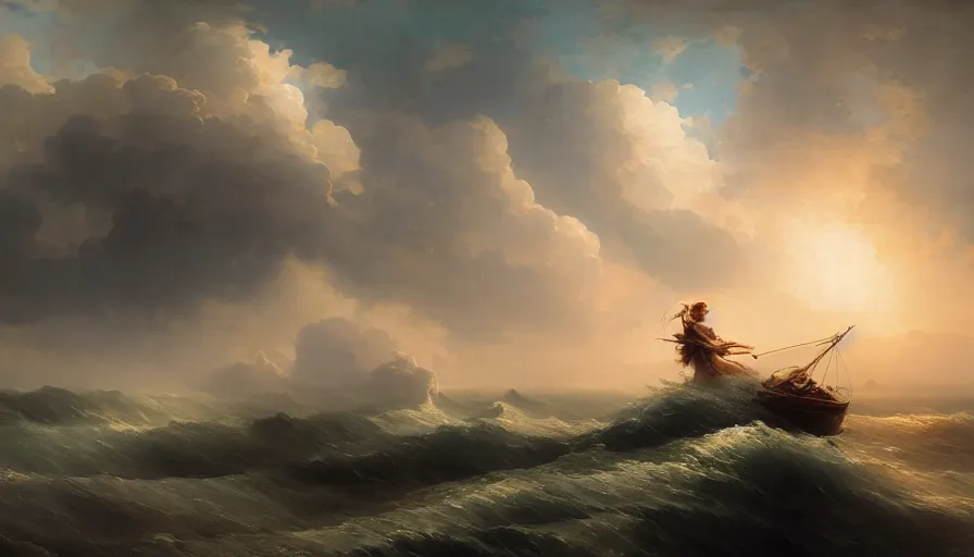 Image similar to 8 k art photography shot art shot, hyperrealistic, hyperdetailed, super detailed, uhd, uhd, 8 k, high resolution, goddess of war floating over the oceans with baroque clouds, painting by ross tran and ivan aivazovsky