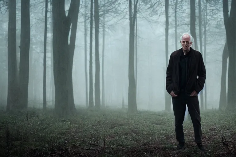 Image similar to a cinematic headshot portrait of a skinny evil male scientist, in a spooky forest, fog, portrait, portrait, portrait, shrubbery, 8 k, detailed, backlight, deep focus, movie still, moody lighting, by werner herzog