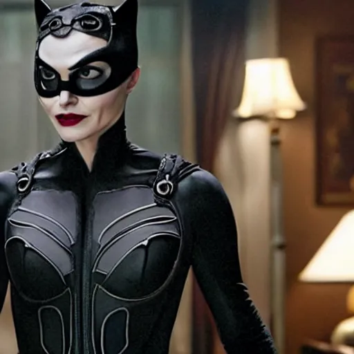Prompt: film still of johnny depp as catwoman in the new batman movie, 4 k