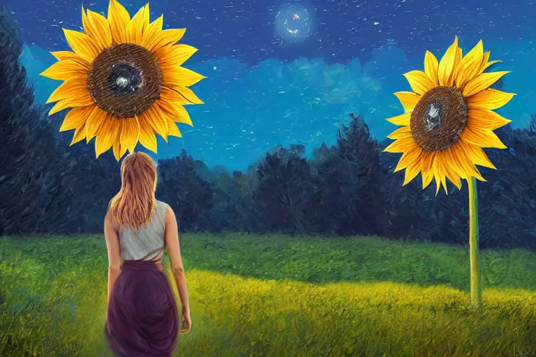 Image similar to giant sunflower as a head, girl walking between trees, hills, surreal photography, dark night, star trails, dramatic light, impressionist painting, clouds, digital painting, artstation, simon stalenhag