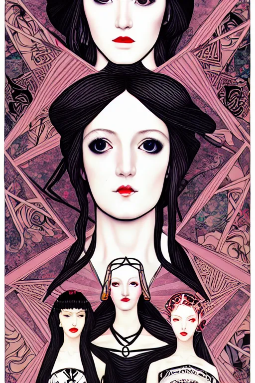 Image similar to triad of muses, representing the 3 winter months of december, january and february, style mix of æon flux, shepard fairey, botticelli, john singer sargent, pre - raphaelites, shoujo manga, harajuku fashion, stark landscape, muted dark colors, superfine inklines, ethereal, 4 k photorealistic