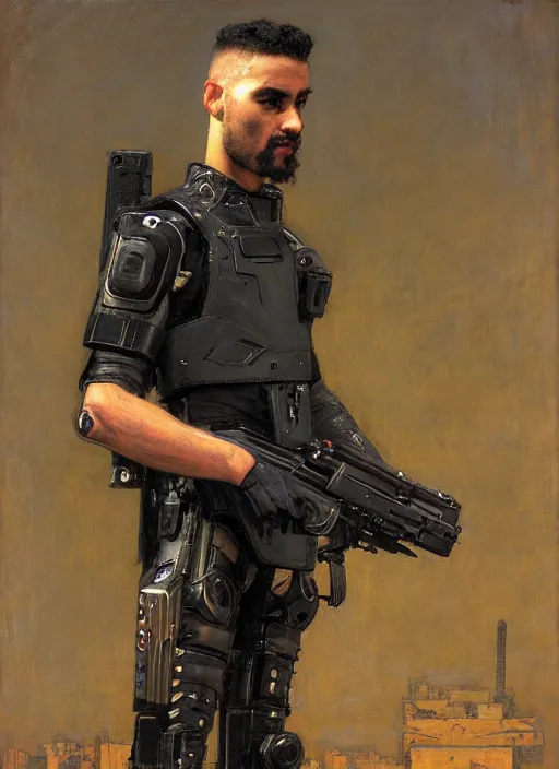 Image similar to Sgt Eliezer Grim. Menacing Cyberpunk policeman carrying machine pistols, wearing a combat vest and towering with robotic stilt legs. (dystopian, police state, Cyberpunk 2077, bladerunner 2049). Iranian orientalist portrait by john william waterhouse and Edwin Longsden Long and Theodore Ralli and Nasreddine Dinet, oil on canvas. Cinematic, vivid colors, hyper realism, realistic proportions, dramatic lighting, high detail 4k