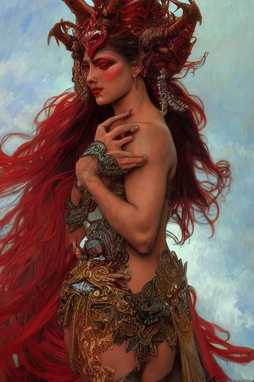 Prompt: painted close up portrait of queen of pain, red skin, beautiful, dangerous, stoic, red leather armor, fantasy, intricate, elegant, highly detailed, digital painting, artstation, concept art, smooth, sharp focus, illustration, art by gaston bussiere and alphonse mucha