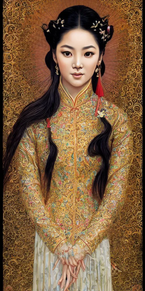 Image similar to portrait of a beautiful vietnamese woman wearing vietnamese ao dai, intricate, detailed, symmetric face, by wlop and karol bak