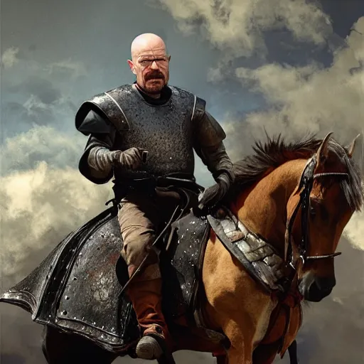 Image similar to walter white from breaking bad wearing medieval armor and riding a horse, matte oil painting