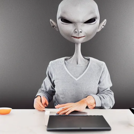 Prompt: gray alien working on laptop in coffee shop cafe professional filter photo