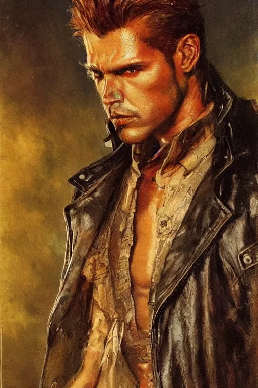 Prompt: a thirty - five year old contract killer named cobalt. he wears a brown leather jacket. he has a burn scar up the side of his face. art by gaston bussiere.