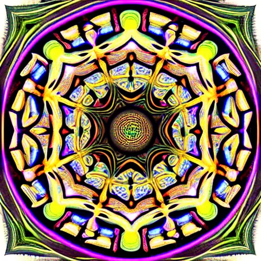 Image similar to ornate psychedelic twisting three dimensional mandala vortex inside a hexagonal box, intricate detail, complex