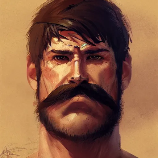 Image similar to portrait old vice barbarian warrior with trucker mustache and short hair, 8 k, trending on art station, by tooth wu and greg rutkowski