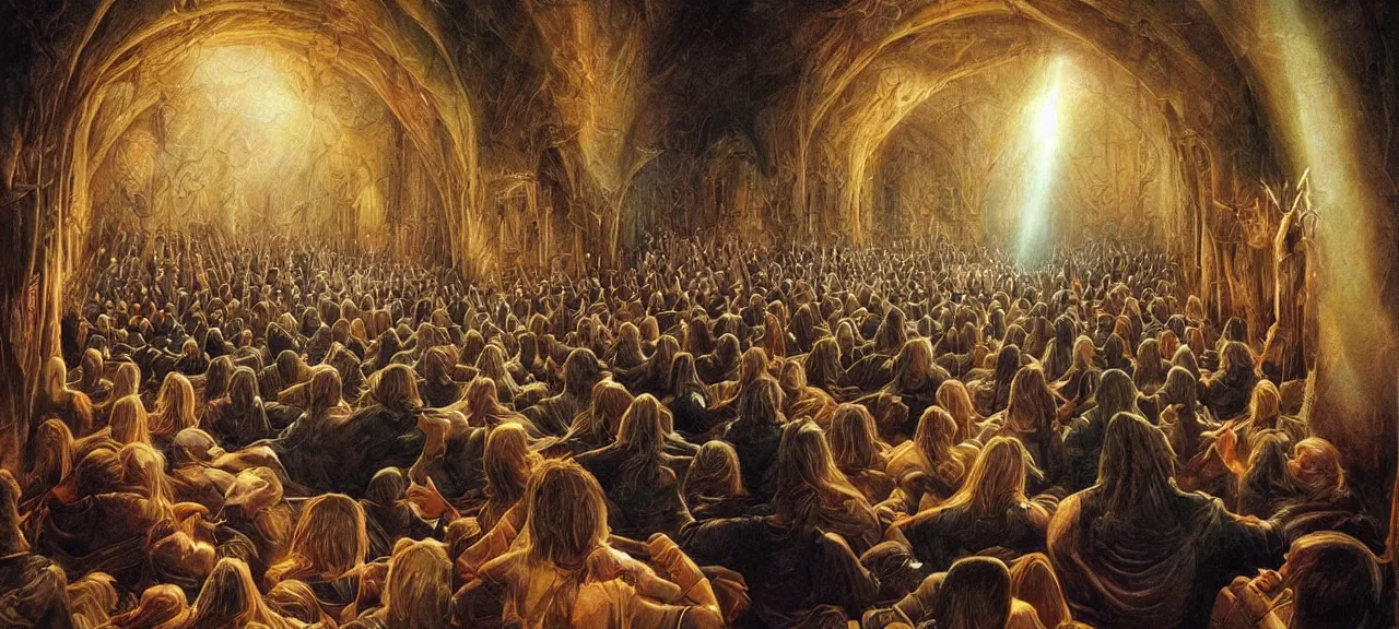 Image similar to human souls sit in the cinema and watch very deeply the light of consciousness projecting their lives on the screen of physical reality, realistic image full of sense of spirituality, life meaning, happy atmosphere, by John Howe