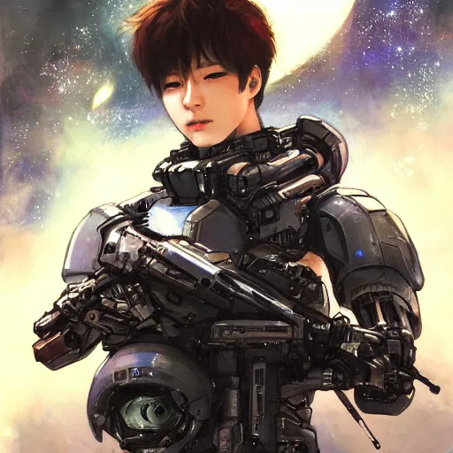 Image similar to award winning, extremely photorealistic, bokeh, beautiful detail, stars in the sky, cybernetic, sci-fi space game art, jeon Jungkook holding a gun. alien planet art by Akihito Yoshitomi AND Yoji Shinkawa AND Greg Rutkowski, Mark Arian trending on artstation