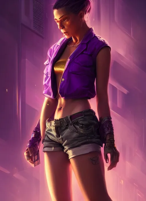 Image similar to young woman wearing shorts and shirt : : purple - gold streets cyberpunk : : weta disney pixar movie still photo : : decadent highly - detailed digital painting, heroic pose, full length shot, golden ratio, octane render, artstation, smooth, sharp focus, artgerm, mucha, loish, wlop, gogo