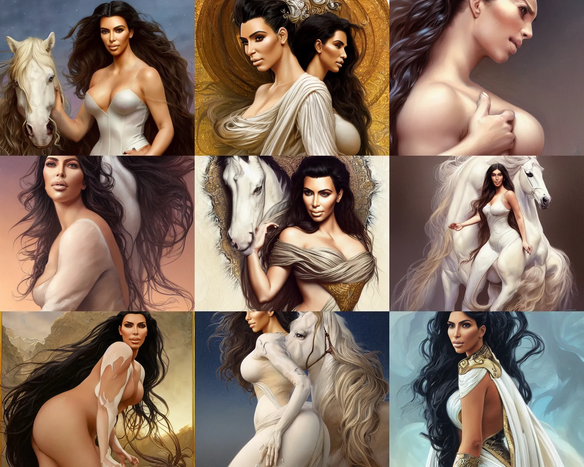 Prompt: portrait of Kim Kardashian with the body of a white horse , long flowing hair, fantasy, intricate, elegant, highly detailed, digital painting, artstation, concept art, smooth, sharp focus, illustration, art by artgerm and greg rutkowski and alphonse mucha