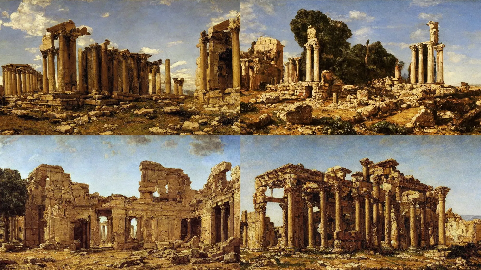 Prompt: High-Quality realist painting of the ruins of a Roman temple in Syria by Gustave Courbet, colorful, very detailed, oil on canvas.