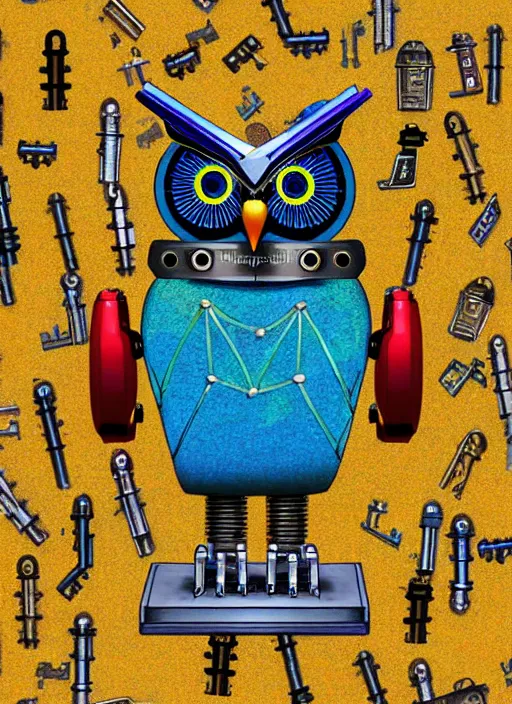 Image similar to colored pencil and pen drawing of an animatronic robot owl, bird made from rusty old keys and padlocks, space background, 8 k photorender realityengine