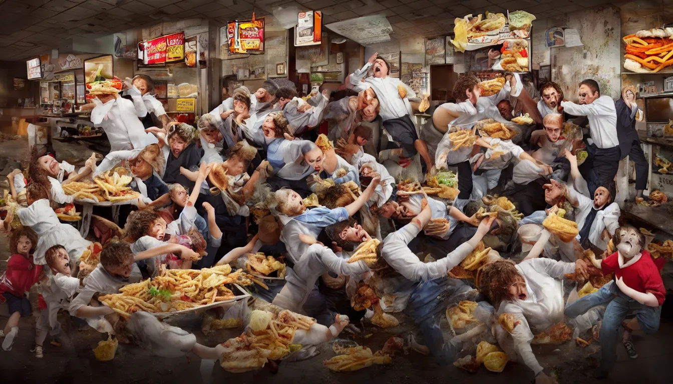 Image similar to in a dirty fast food restaurant disheveled children in rags obese men in suits and old people fighting over piles half eaten rotting fast food, money thrown and floats in the air, hyper realistic photo, full colour, upscale, 8 k, masterpiece,