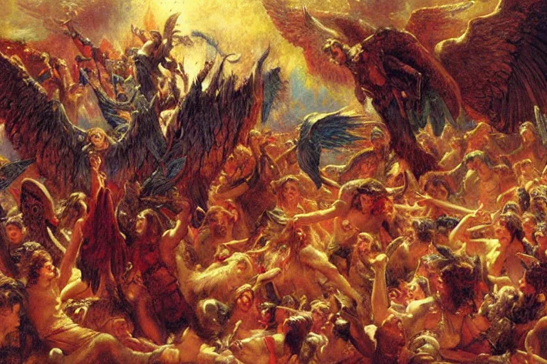 Image similar to lucifer rallying rebel angels in heaven. art by gaston bussiere.