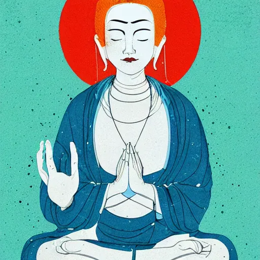 Prompt: contented female bodhisattva, praying meditating, portrait illustration by Conrad Roset