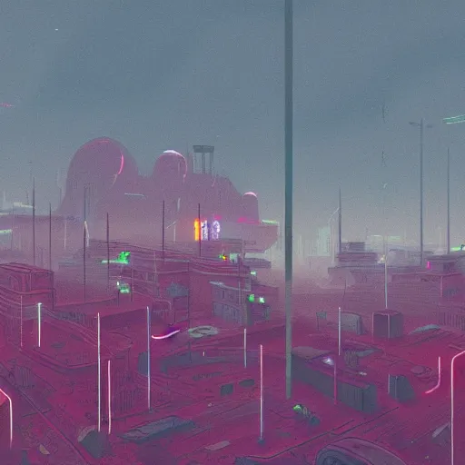 Prompt: cyberpunk landscape in the style of simon stalenhag, high details with muted colours