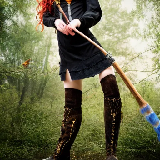 Image similar to young witch with magic wand and broom cosplay, she wears boots, full body, photo taken by nikon, 4k, high quality, very detailed, intricant