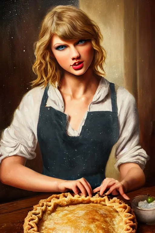 Prompt: romanticism painting of ( ( taylor swift ) ) in a rustic style kitchen, baking apple pie, symmetrical face, beautiful eyes, cottagecore, artstation, 8 k, highly detailed