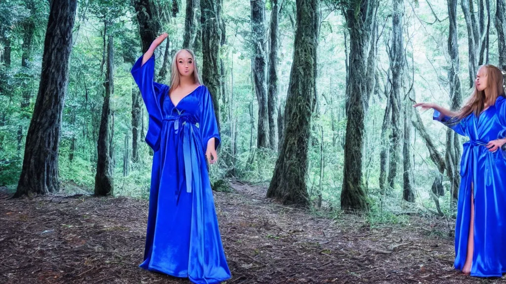 Image similar to beautiful sorceress, blue silky robe, long shot, mystical forest, in the style of davegore