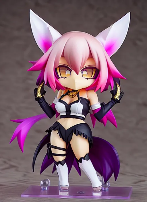 Image similar to chic kda ahri from league of legends nendoroid full body hyperdetalied, hero action pose, osamu tezuka, macoto takahashi, chibi, q posket, 8 k realistic, 3 d, cryengine, exquisite, charming smile, shape focus, symmetrical face, artstation, frostbite 3 engine, cryengine