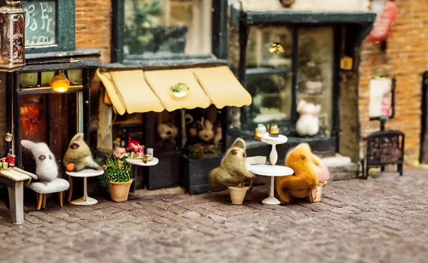 Prompt: miniature cafe diorama macro photography, cafe with felted bunnies, alleyway, ambient, atmospheric, british, cozy, bokeh, romantic