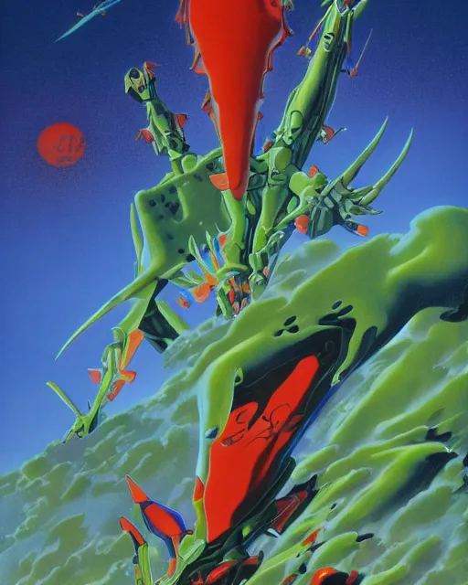 Image similar to evangelion by roger dean, by julie bell, 4 k, hyper detailed