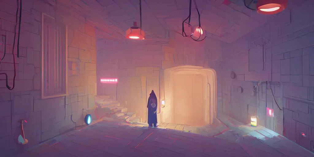 Prompt: look down a cellar staircase, neon lights by Goro Fujita and Simon Stalenhag and Kandinsky and Magritte, 8k, trending on artstation, hyper detailed, cinematic