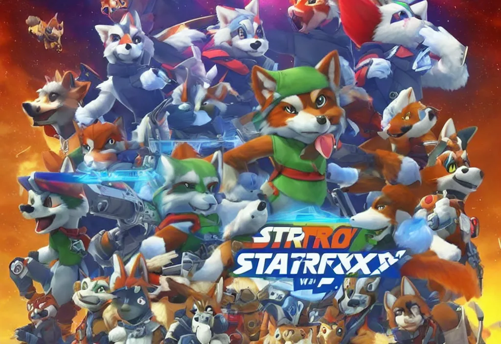 Image similar to nintendo switch box cover of a new starfox spinoff action game featuring anthro fursona furry wolf o'donnell and his space cadet crew, rated t for teen