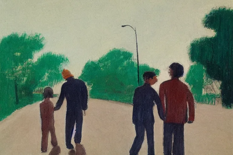 Image similar to a man with dark hair holding the hands of a young boy with dark hair as they walk down a suburban highway on a bright beautiful colorful day. part in the style of an edgar degas painting. part in the style of david hockney