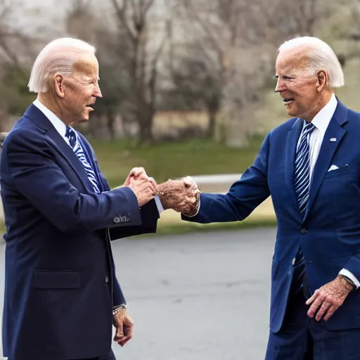 Image similar to A photo of joe biden teams up with a teenage joe biden, perfect faces, 50 mm, award winning photography