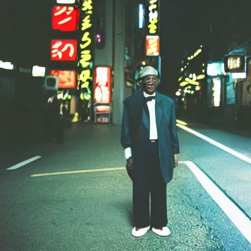 Image similar to old black man in tokyo at night, cinestill 8 0 0,