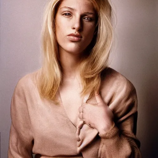 Image similar to portrait photograph by annie leibovitz of olive skinned blonde female in her twenties wearing designer clothes