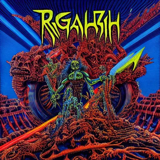 Image similar to thrash metal album cover in the style of roger dean, realistic, sharp focus, 8k high definition, insanely detailed, intricate, elegant, art by philippe druillet and virgil finlay