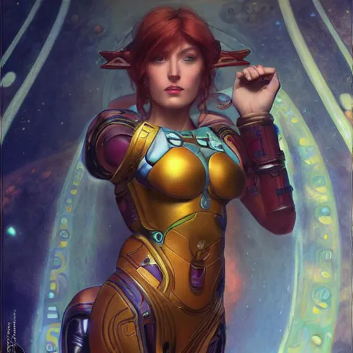 Image similar to Samus Aran from Metroid drawn by Donato Giancola and Tom Bagshaw, face by Artgerm and Edmund Leighton, Alphonse Mucha, background by James Jean and Gustav Klimt, 4k, porcelain skin, komorebi, french nouveau, trending on artstation, octane render, hyperrealistic